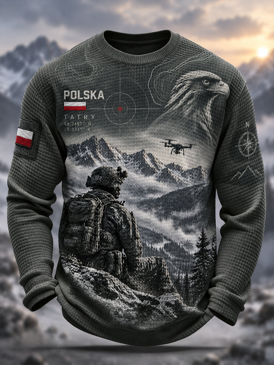 Męski waflowy t-shirt z długim rękawem w stylu polskiej kultury wojskowej