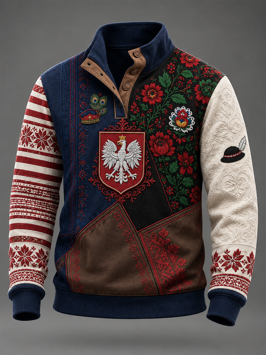 Męska bluza z kapturem w stylu polskiej kultury, z czterema guzikami