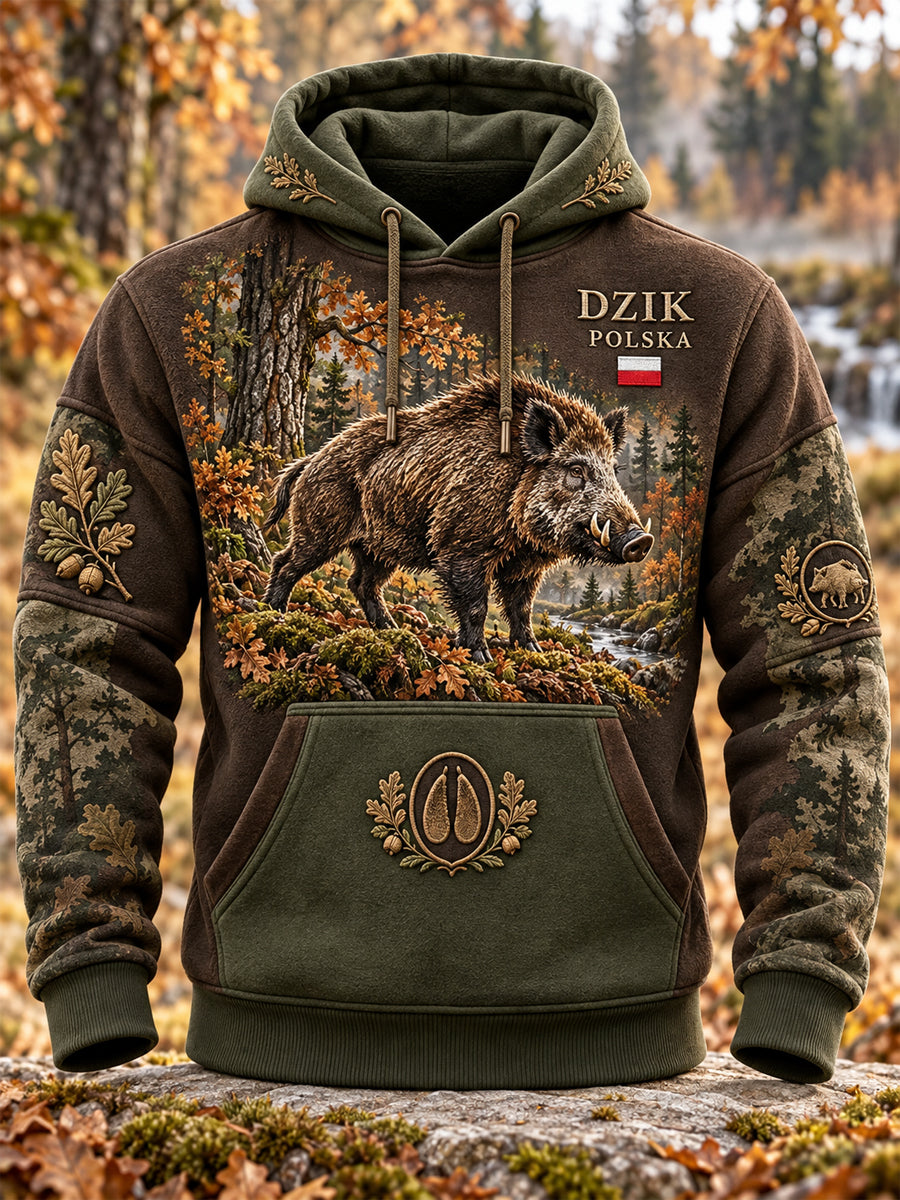 Męska bluza z kapturem w stylu oversized z opuszczonymi ramionami i kieszeniami, inspirowana kulturą sezonu polowań