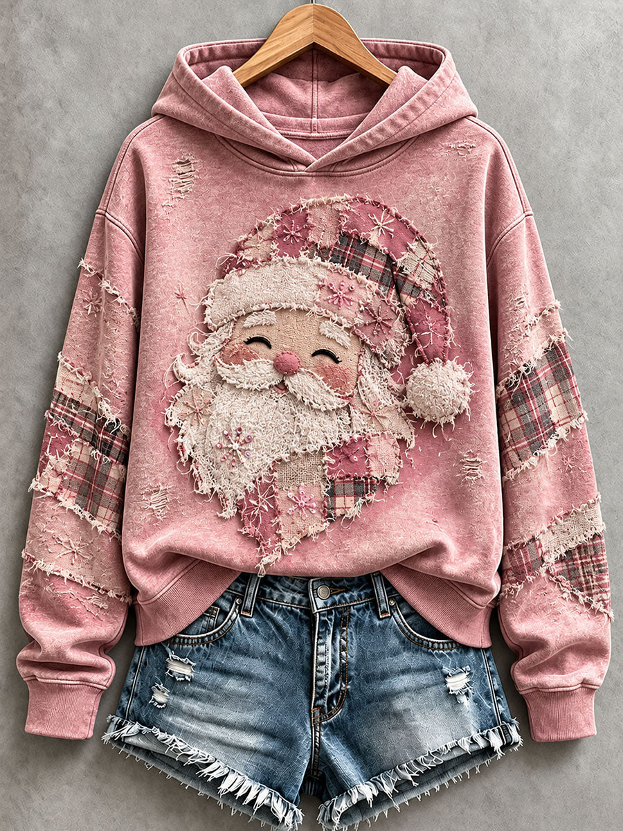 Damska różowa bluza z kapturem w stylu Santa Patchwork Art