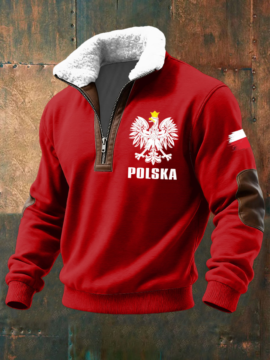 Sweter z lambswool patchworku na zamek błyskawiczny w stylu retro polski orzeł biały