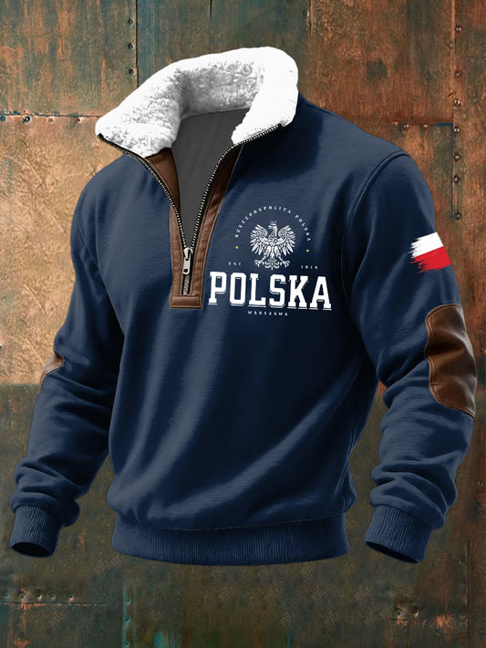 Pullover z patchworkiem błyskawicznym retro polski orzeł flaga z lambswool