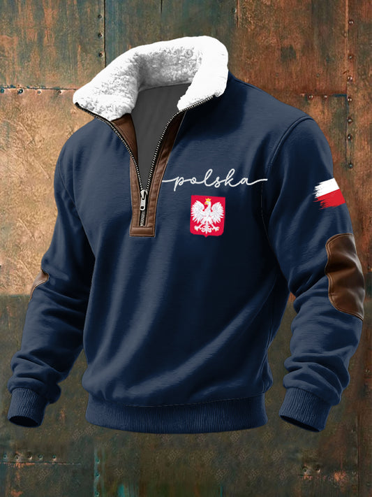 Retro polski emblemat orła lambswool patchwork pulower z zamkiem błyskawicznym