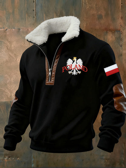 Męska bluza z polarowym kołnierzem z nadrukiem w stylu vintage