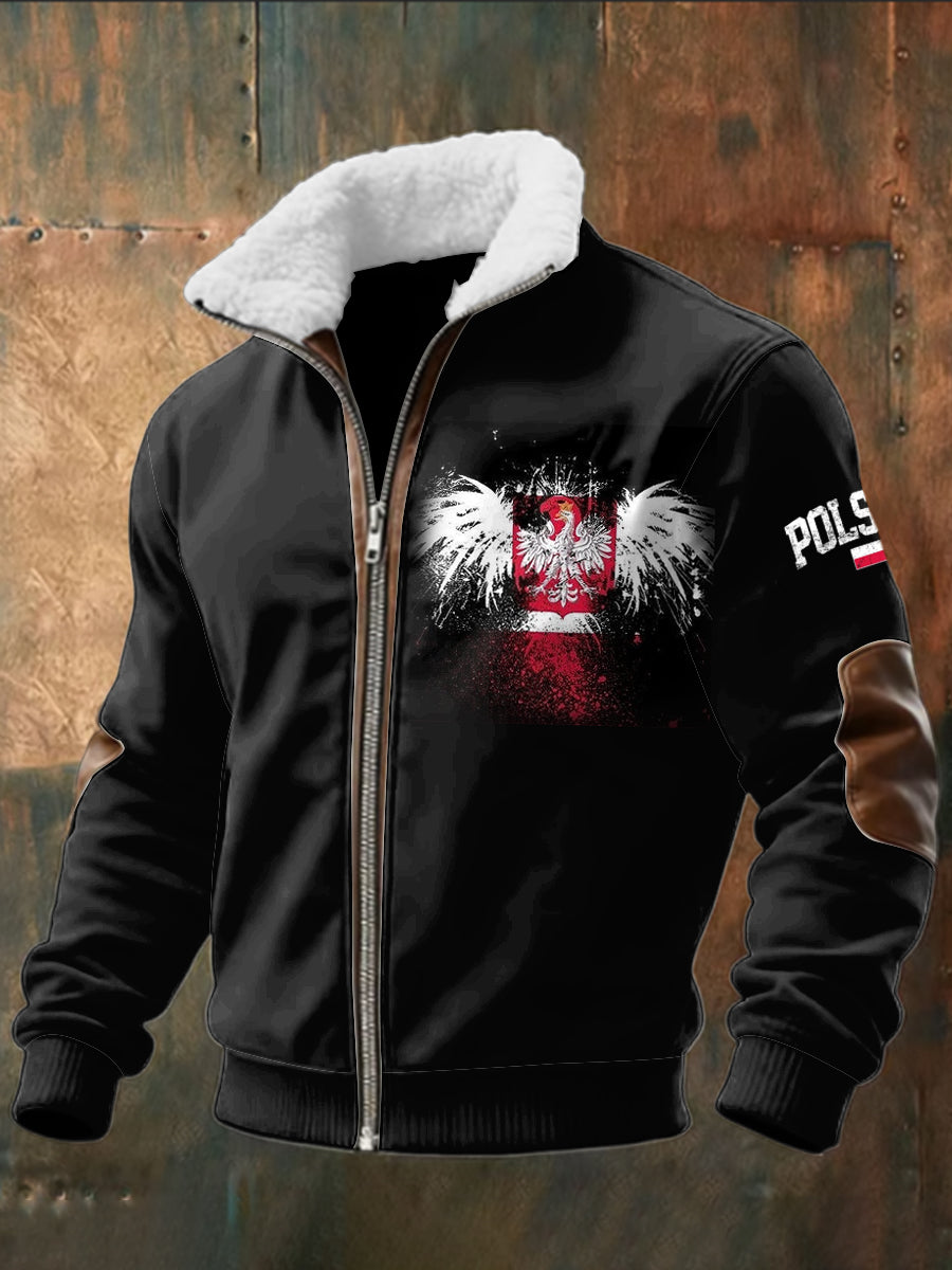 Retro Abstrakcyjny Polski Orzeł Lambskin Patchwork Zipper Kurtka