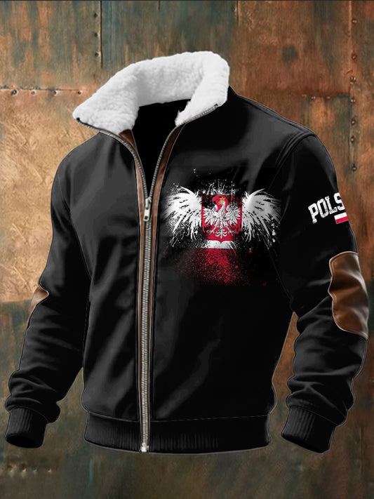 Retro Abstrakcyjny Polski Orzeł Lambskin Patchwork Zipper Kurtka