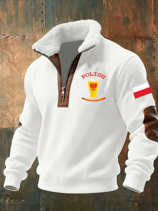 Męska bluza z polarowym kołnierzem z nadrukiem w stylu vintage