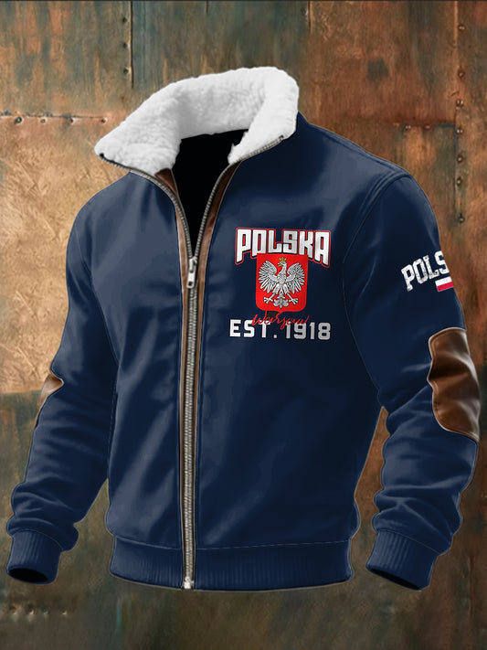 Retro polski emblemat orła lambskin patchwork kurtka z zamkiem błyskawicznym