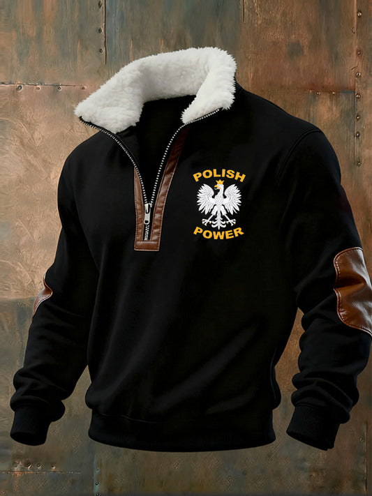 Męska bluza z polarowym kołnierzem z nadrukiem w stylu vintage