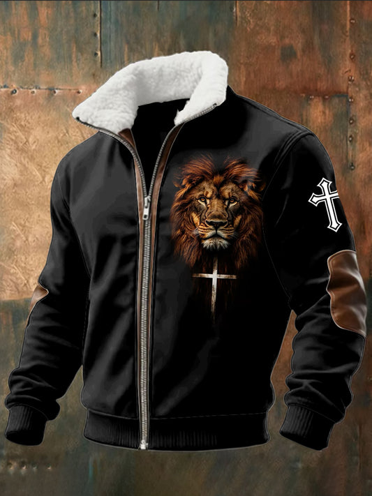 Retro Jesus Lion Lambskin Patchwork Kurtka Zipper