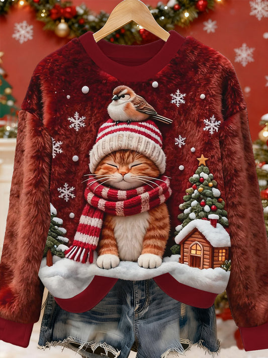 Damski słodki sweter flanelowy z nadrukiem świątecznym w stylu cat