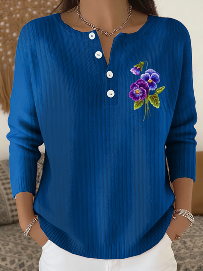 Damski nieformalny fioletowy kwiatowy sweter z długim rękawem