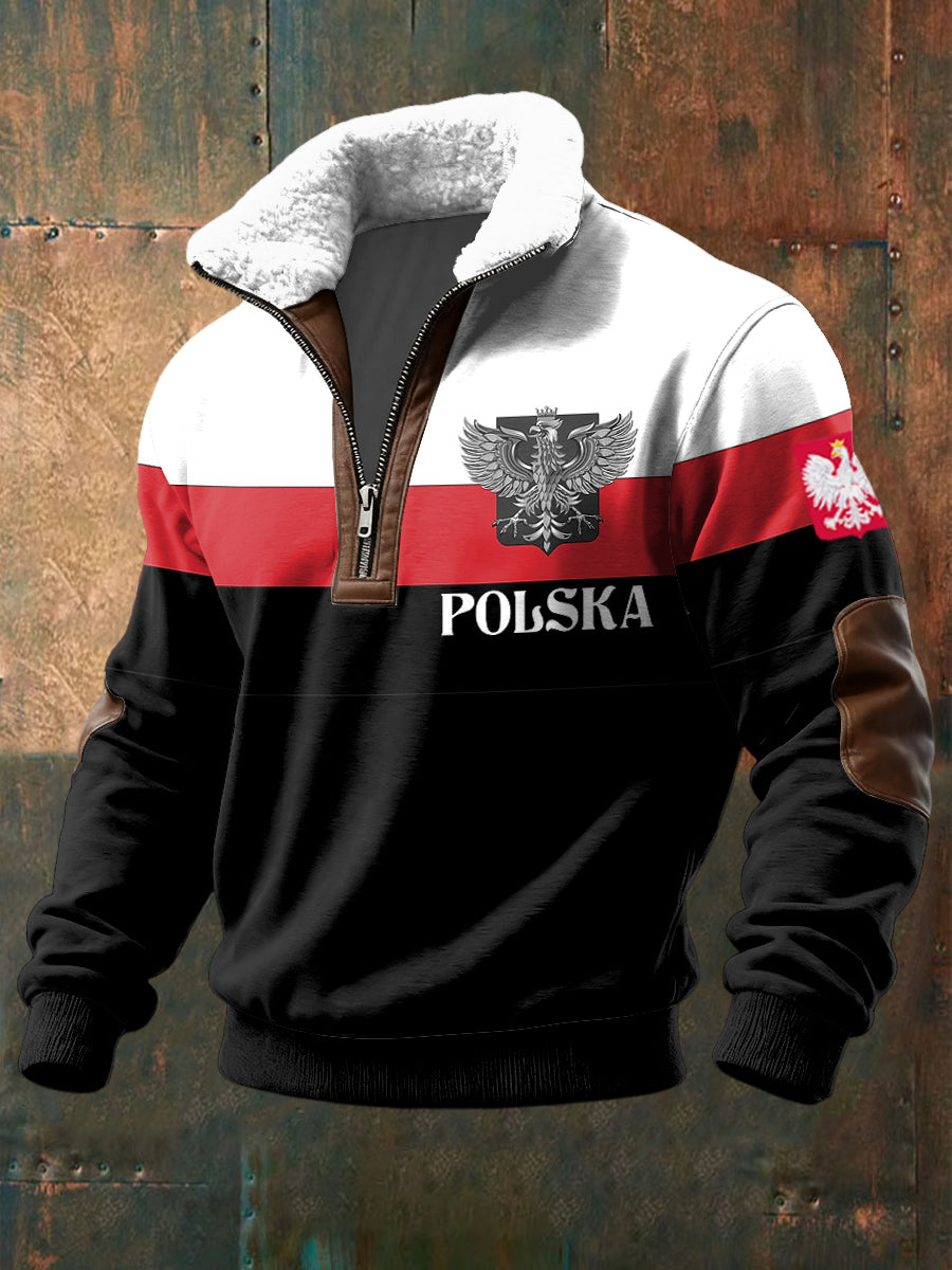 Sweter z zamkiem błyskawicznym w paski w stylu retro z polskim orłem