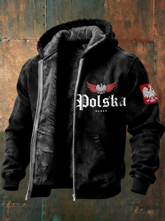 Retro Polski Orł Godło Casualowa Kurtka z kapturem z polarową podszetką