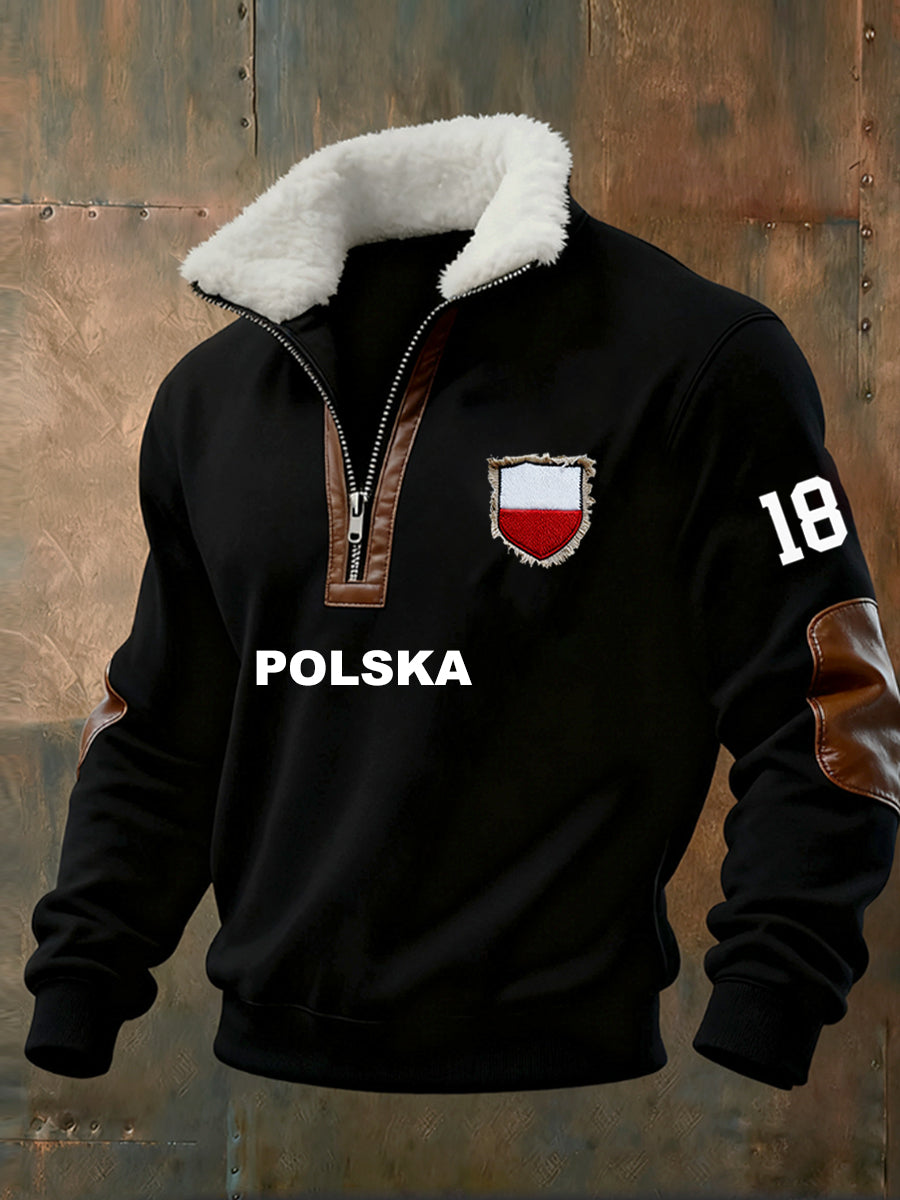 Męska bluza z polarowym kołnierzem z nadrukiem w stylu vintage