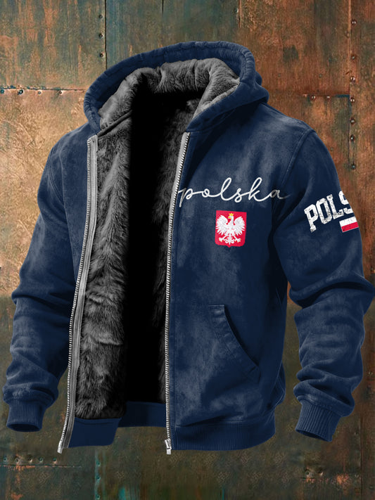 Retro abstrakcyjny polski orzeł Casualowa kurtka z kapturem z kapturem