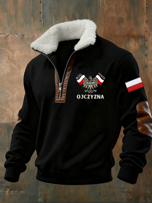 Męska bluza z polarowym kołnierzem z nadrukiem w stylu vintage