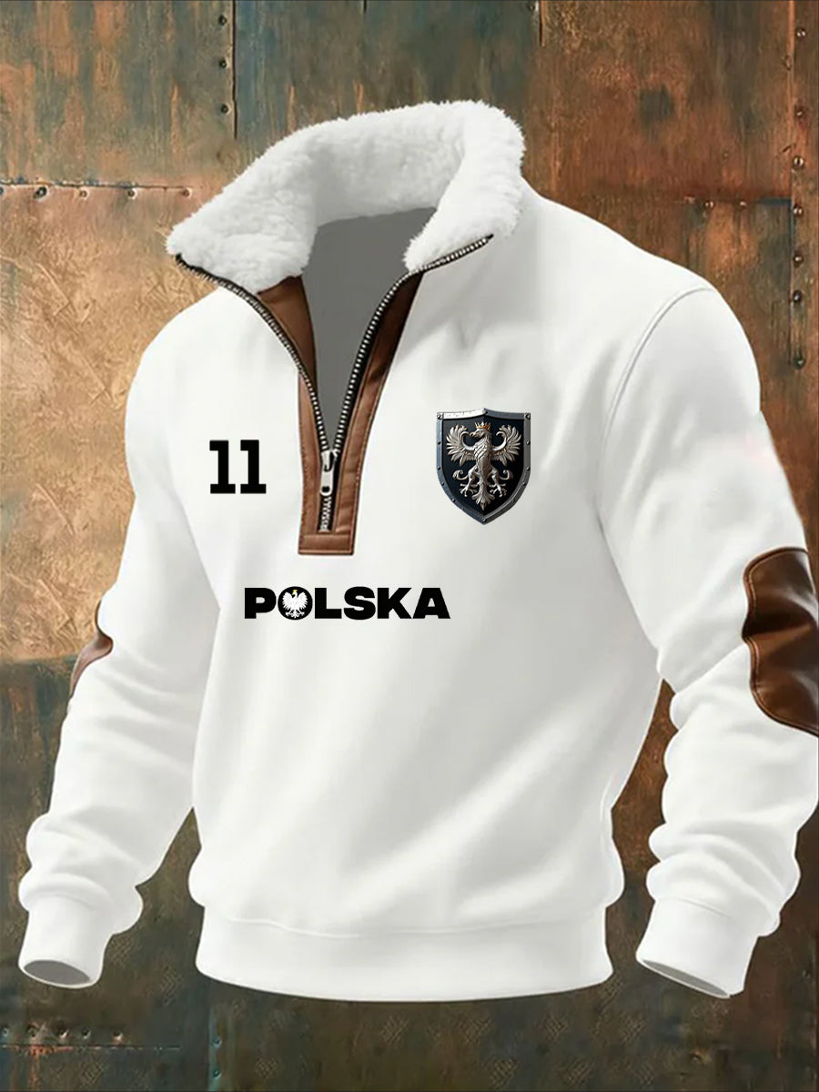 Męska bluza z polarowym kołnierzem z nadrukiem w stylu vintage