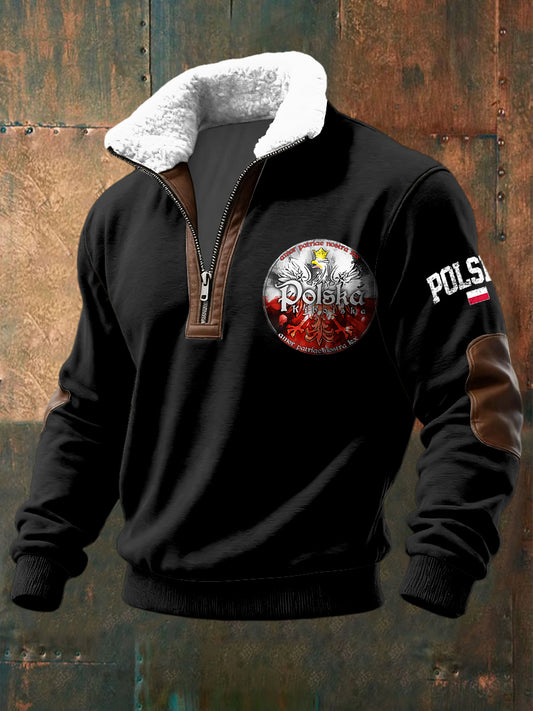 Pullover z zamkiem błyskawicznym retro polski emblemat orła z lambswool