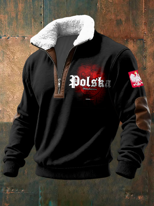 Retro Abstrakcyjny Polski Orzeł Lambswool Zipper Pullover