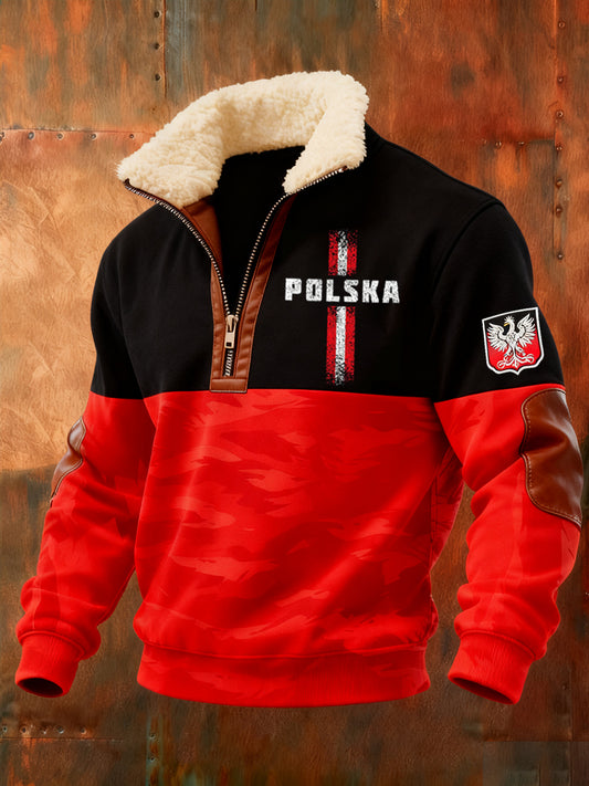 Męska polska sztuka retro casualowa gruba futrzana bluza z kołnierzem