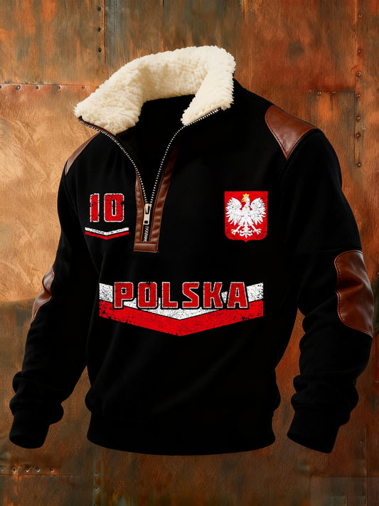 Męska polska sztuka retro casualowa gruba futrzana bluza z kołnierzem