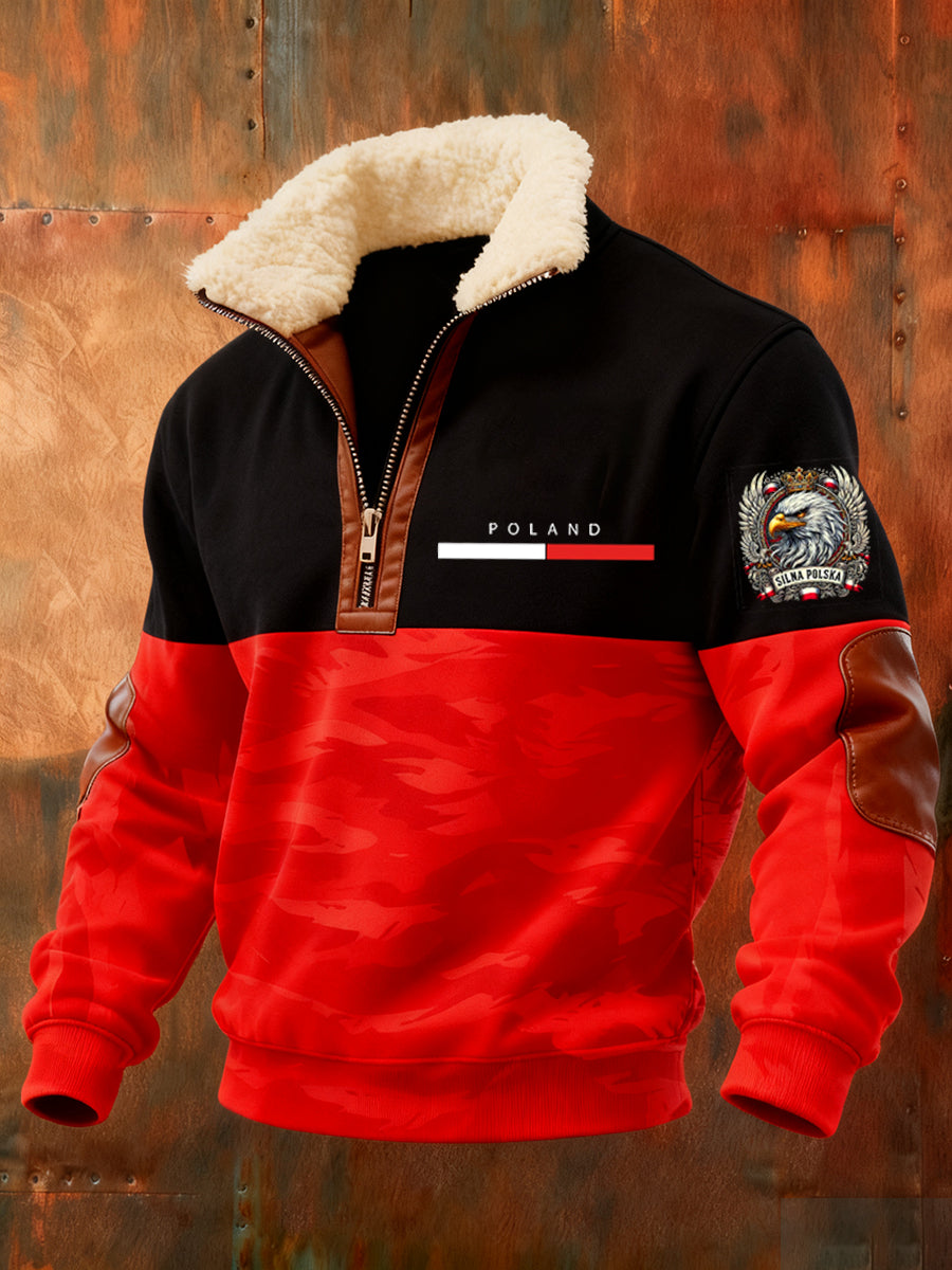 Męska polska sztuka retro casualowa gruba futrzana bluza z kołnierzem