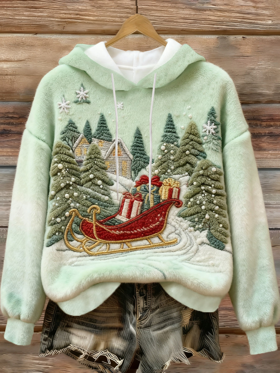 Damska świąteczna z nadrukiem casualowa flanelowa bluza z kapturem