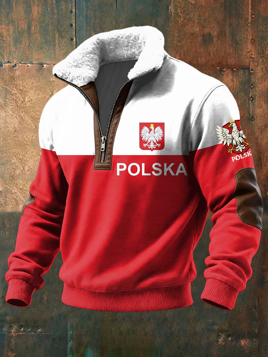Pullover z patchworkiem z polską flagą retro
