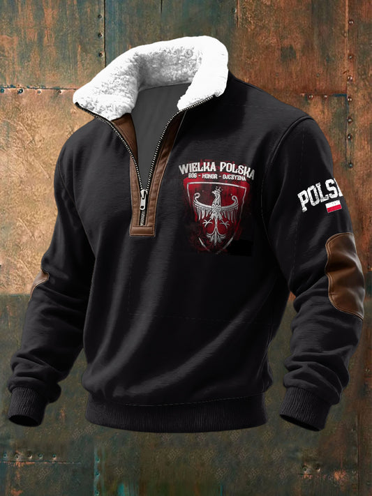 Retro Abstrakcyjny Polski Orzeł Lambswool Zipper Pullover