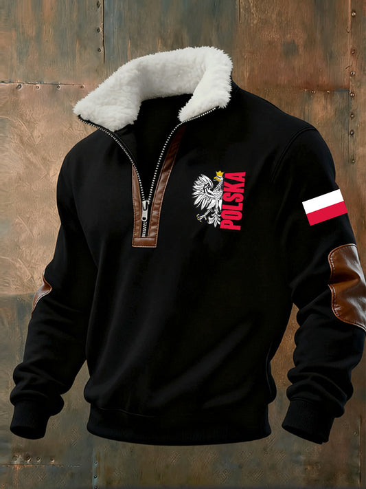 Męska bluza z polarowym kołnierzem z nadrukiem w stylu vintage