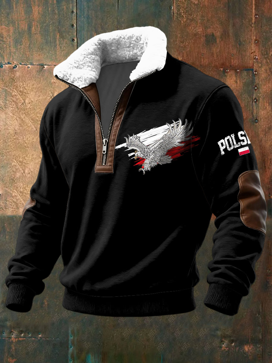 Pullover z patchworkiem błyskawicznym retro polski orzeł flaga z lambswool