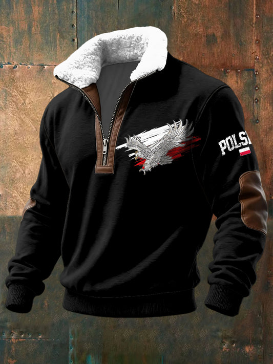 Pullover z patchworkiem błyskawicznym retro polski orzeł flaga z lambswool