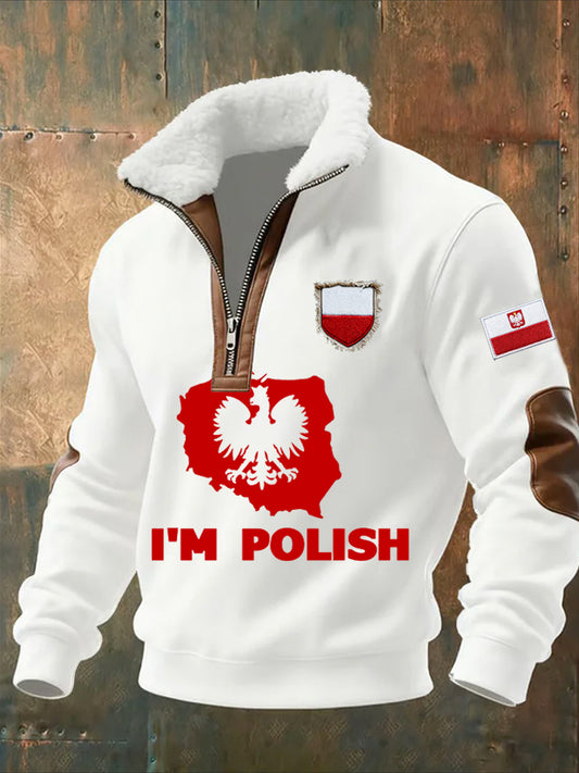 Męska bluza z polarowym kołnierzem z nadrukiem w stylu vintage