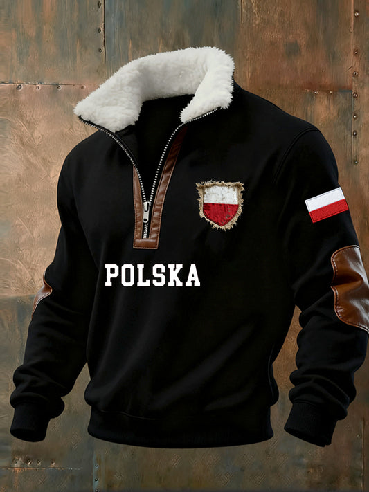 Męska bluza z polarowym kołnierzem z nadrukiem w stylu vintage