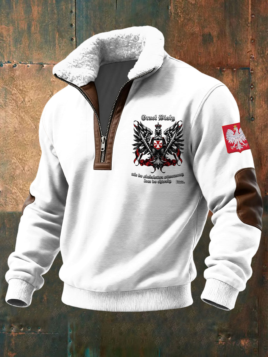 Retro White Eagle Glory Lambswool Patchwork Zipper Pullover