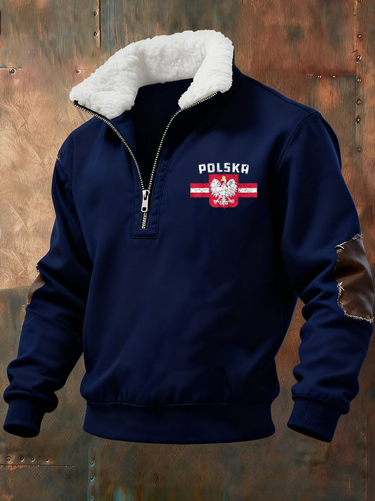 Męska polska retro sztuka casualowa futrzany kołnierzyk gruba bluza