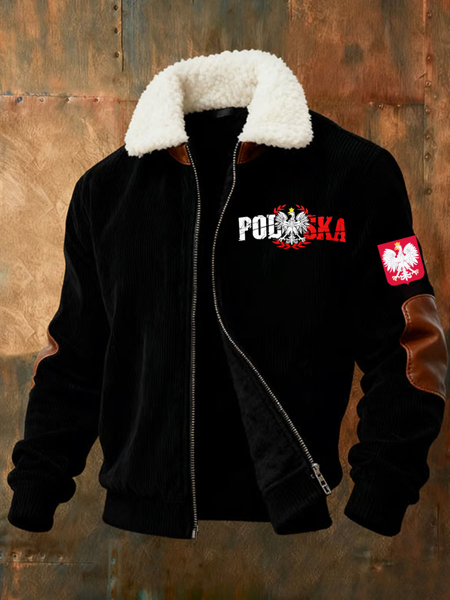 Męska kurtka z zamkiem błyskawicznym w stylu retro polska sztuka na co dzień z futrzany kołnierzykiem