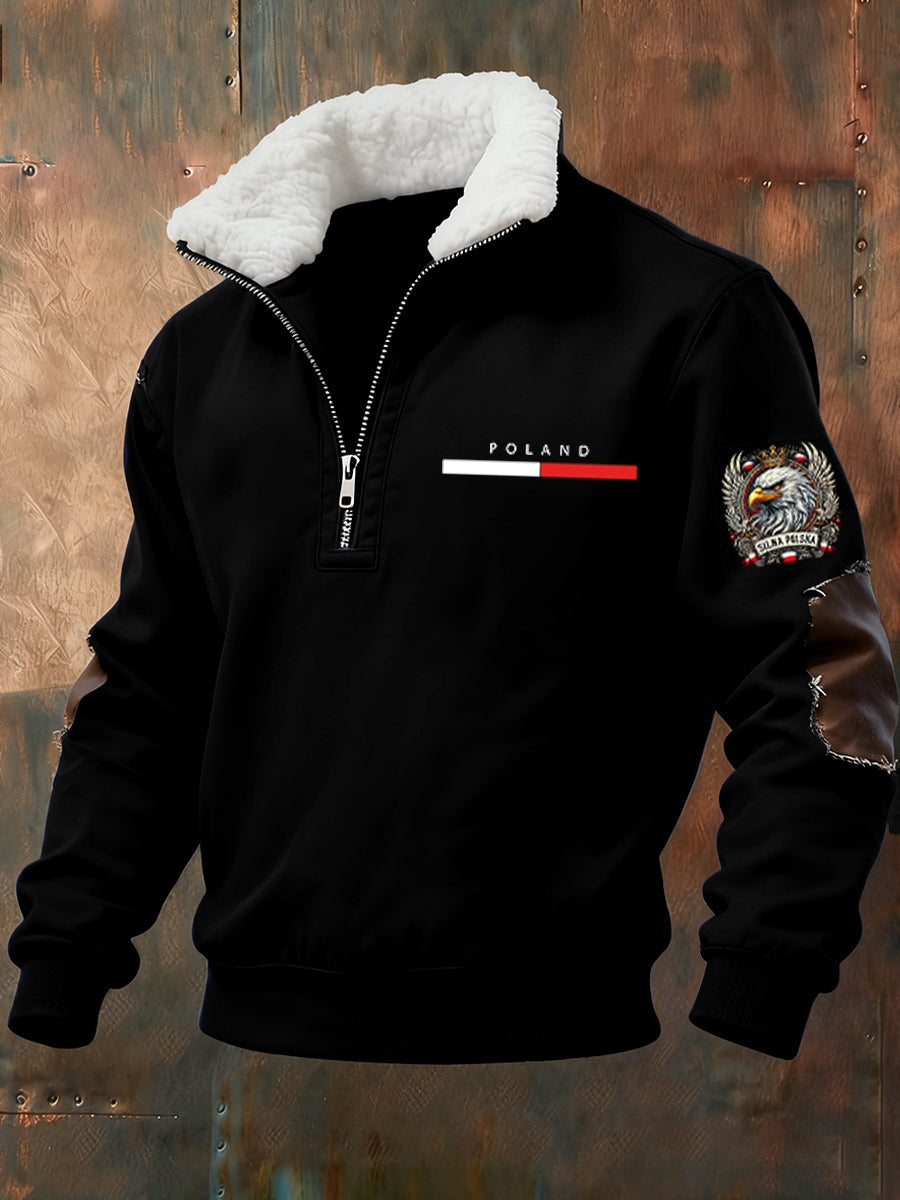 Męska polska retro sztuka casualowa futrzany kołnierzyk gruba bluza