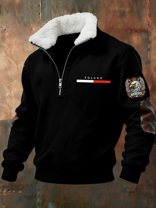 Męska polska retro sztuka casualowa futrzany kołnierzyk gruba bluza