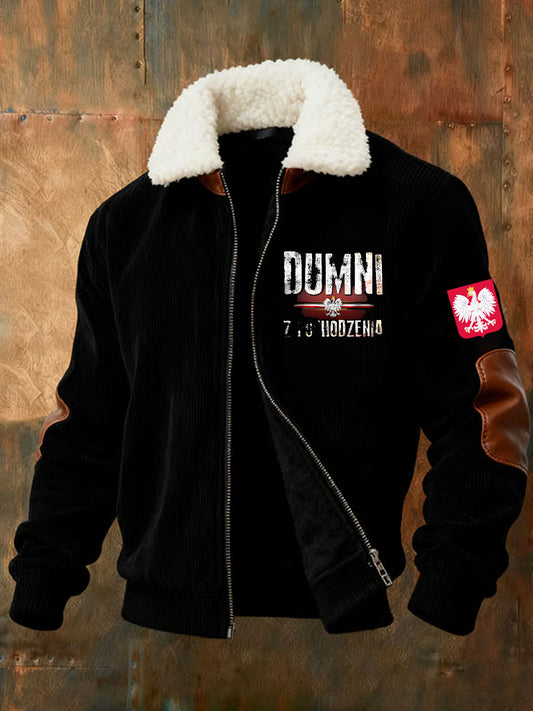 Męska kurtka z zamkiem błyskawicznym w stylu retro polska sztuka na co dzień z futrzany kołnierzykiem