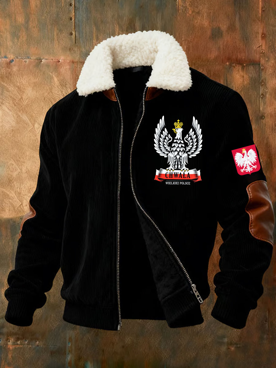 Męska kurtka z zamkiem błyskawicznym w stylu retro polska sztuka na co dzień z futrzany kołnierzykiem