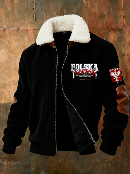 Męska kurtka z zamkiem błyskawicznym w stylu retro polska sztuka na co dzień z futrzany kołnierzykiem