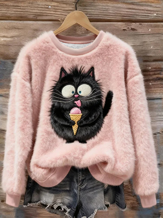 Damska zabawna flanelowa bluza z kapturem Fuzzy Fuzzy Black Cat