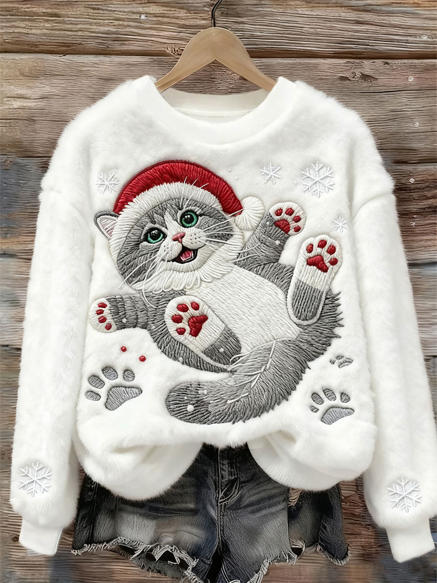 Damska śliczna świąteczna bluza z motywem Cat Art Print Casual Flanelowa bluza