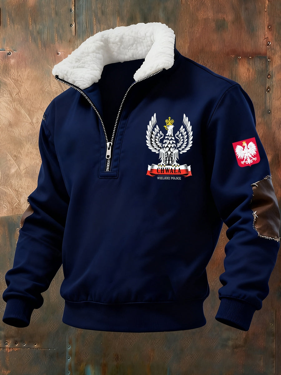 Męska polska retro sztuka casualowa futrzany kołnierzyk gruba bluza