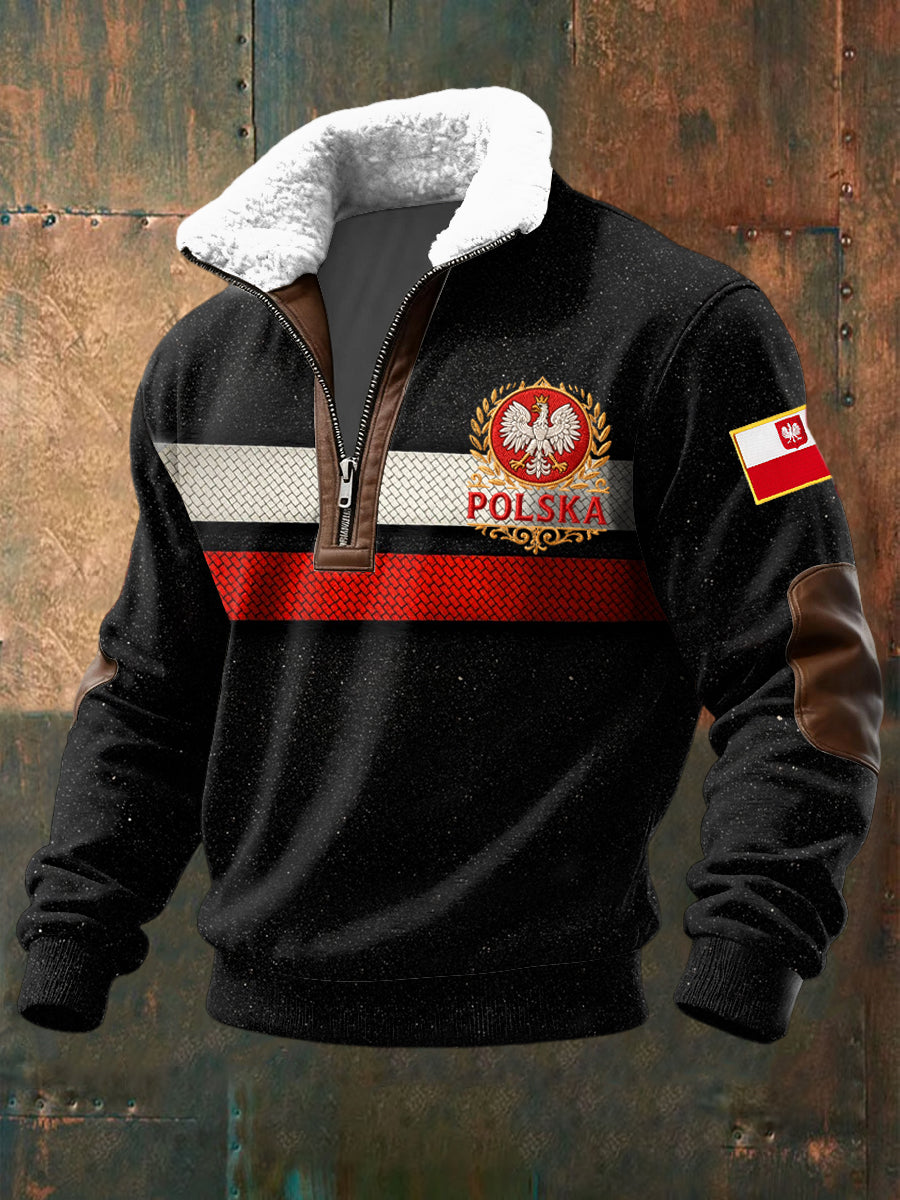 Retro Abstrakcyjna flaga w paski Shearling Zip-Up Bluza z kapturem