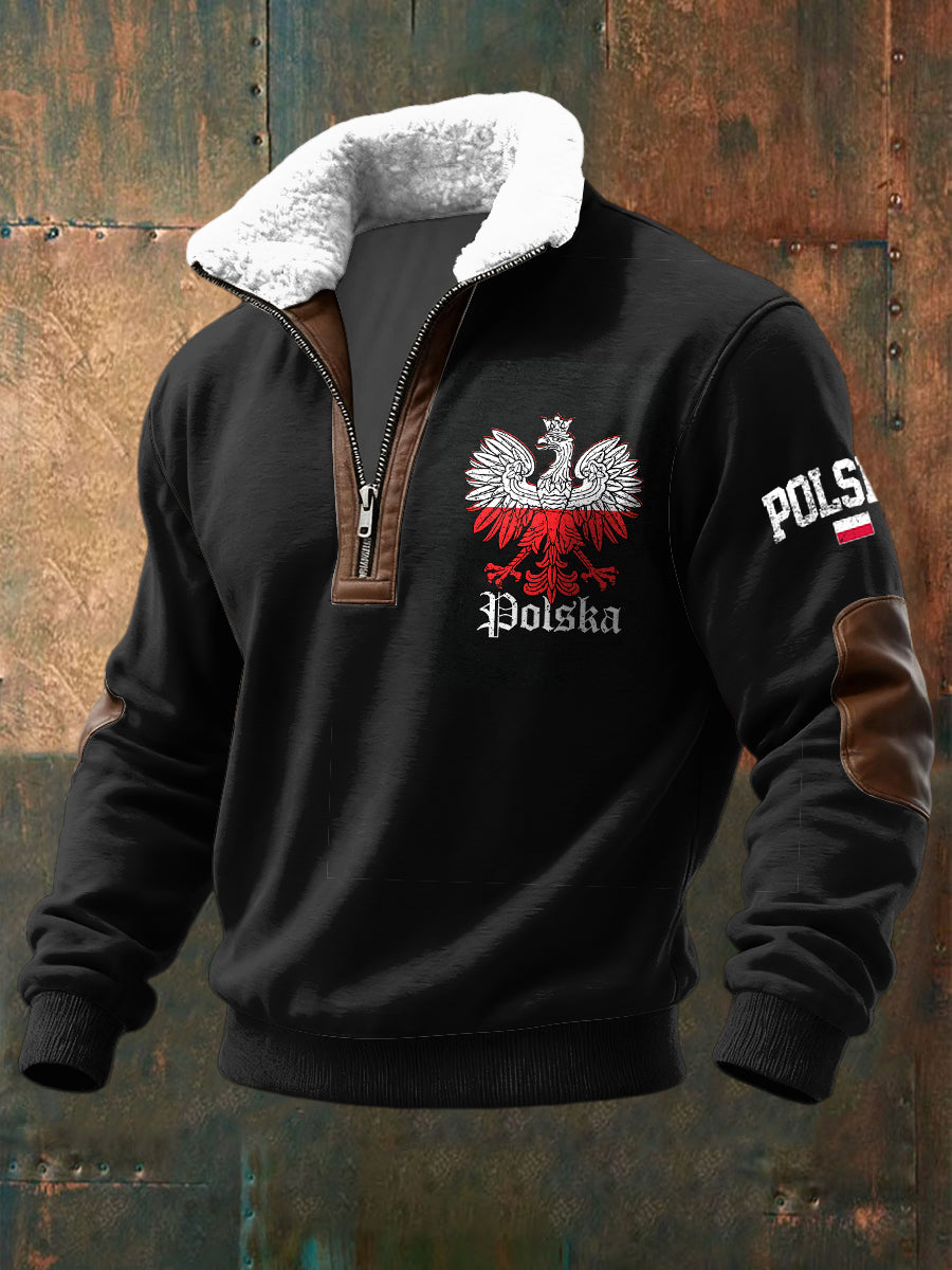 Lambswool Pullover Zipper Retro flaga Polski Orzeł Biały