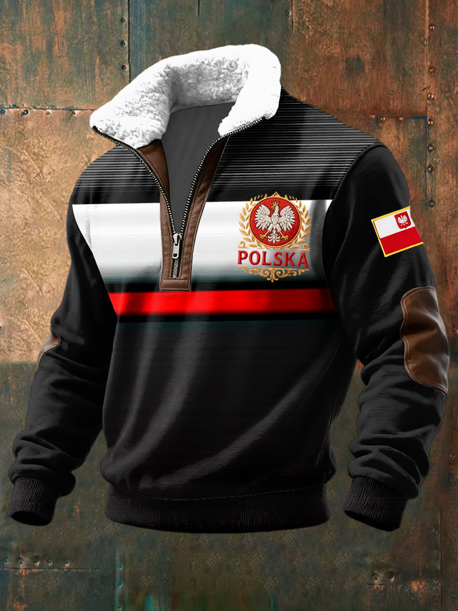 Retro Flaga Emblemat Gradient Pasiasty Lambswool Zipper Pullover