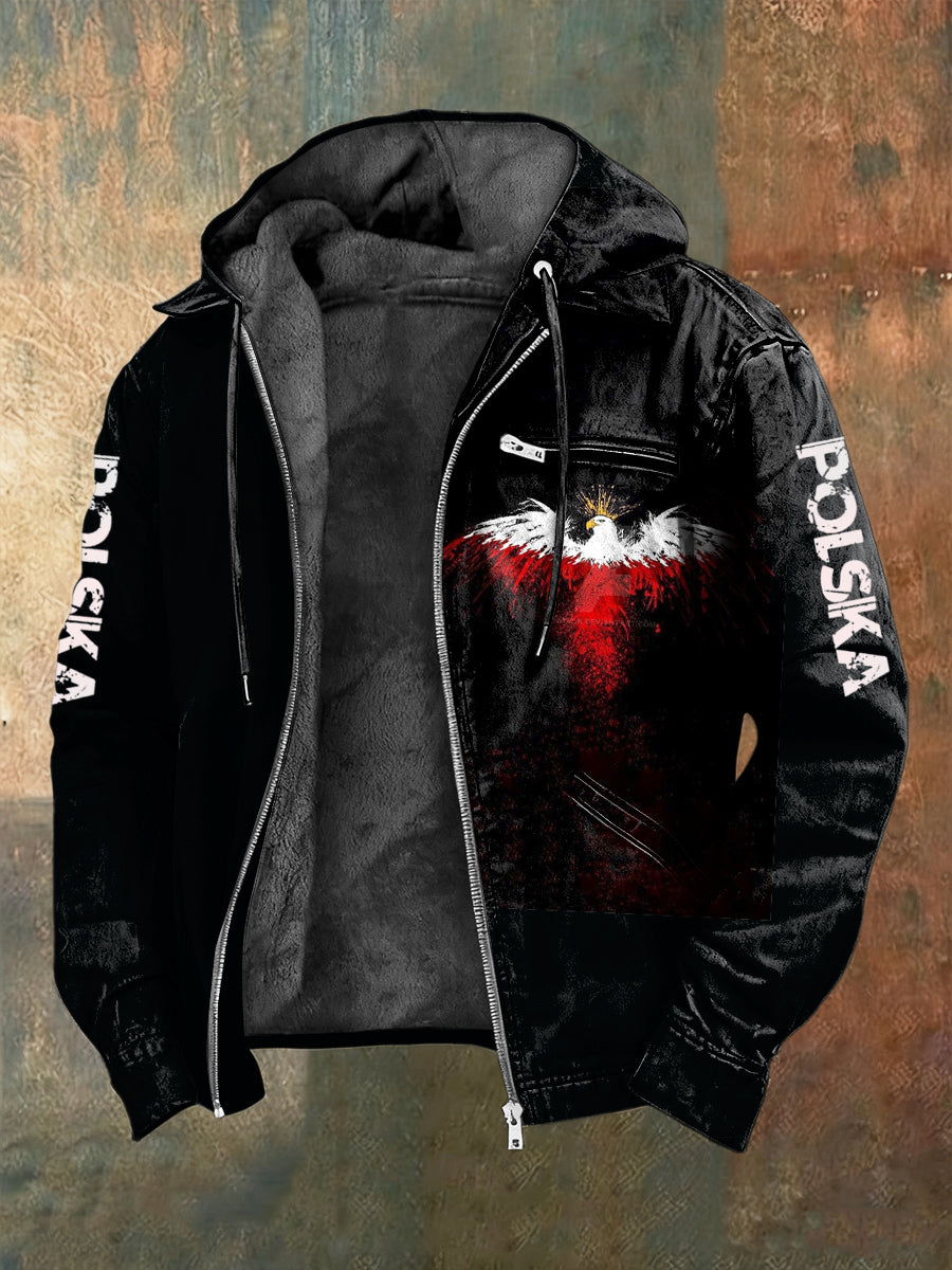 Retro polski orzeł flaga abstrakcyjna kurtka z kapturem z polarem